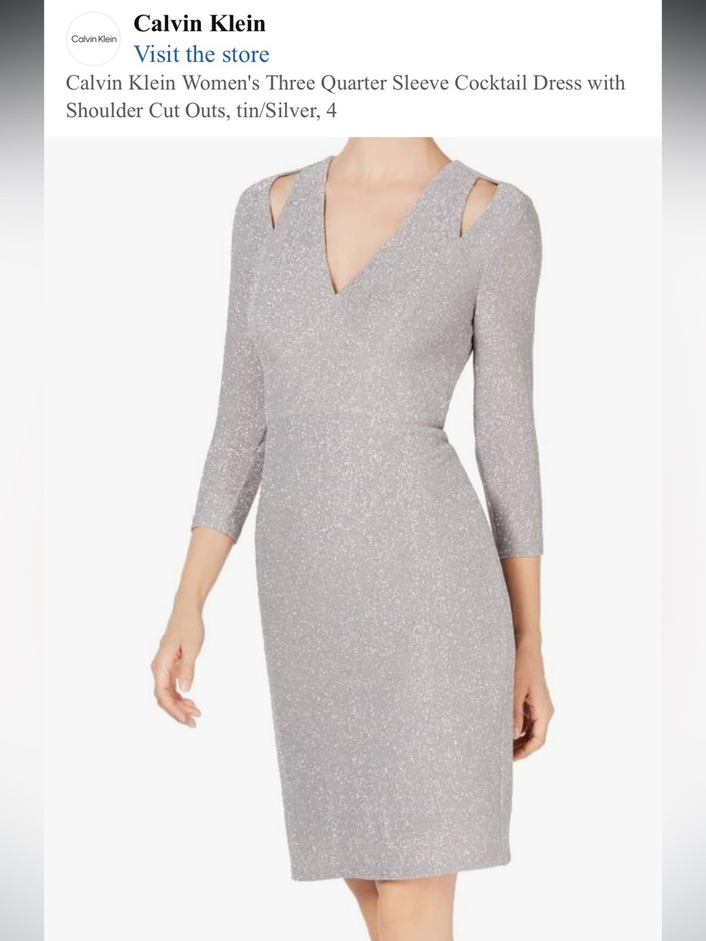Calvin Klein Silver Glitter V-Neck Midi Dress w/Shoulder Cutouts-NWT. Retail 150